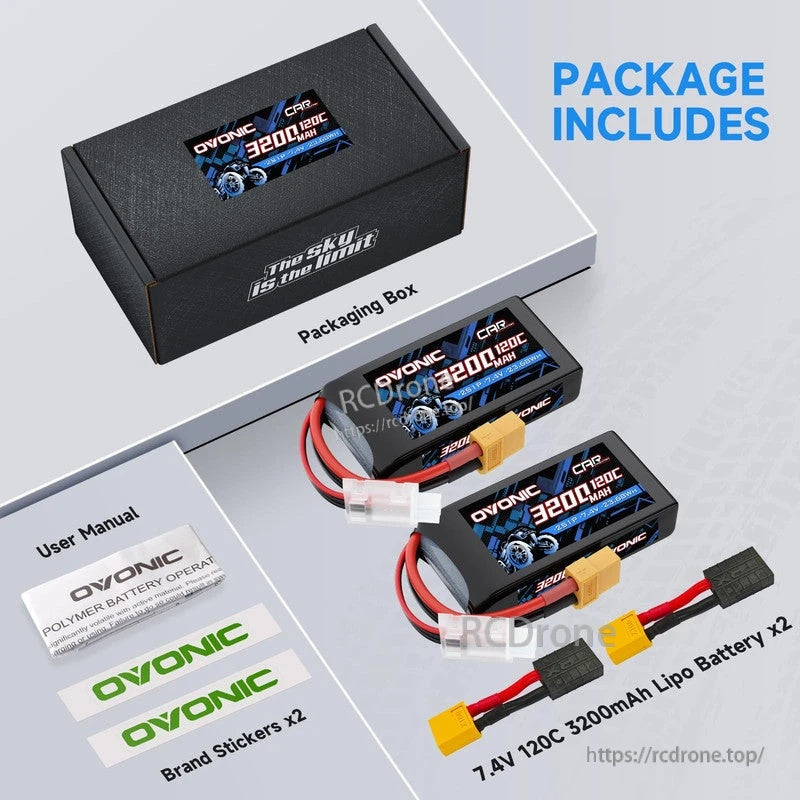 Package includes two Ovonic 7.4V 3200mAh 120C LiPo batteries, XT60-to-TRA adapters, stickers and user manual