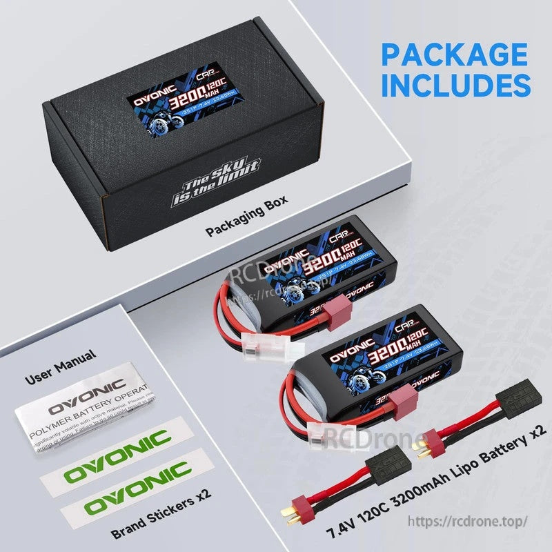 Ovonic 2S 3200mAh 7.4V 120C LiPo Battery 2-pack contents with adapters, stickers, manual, and box