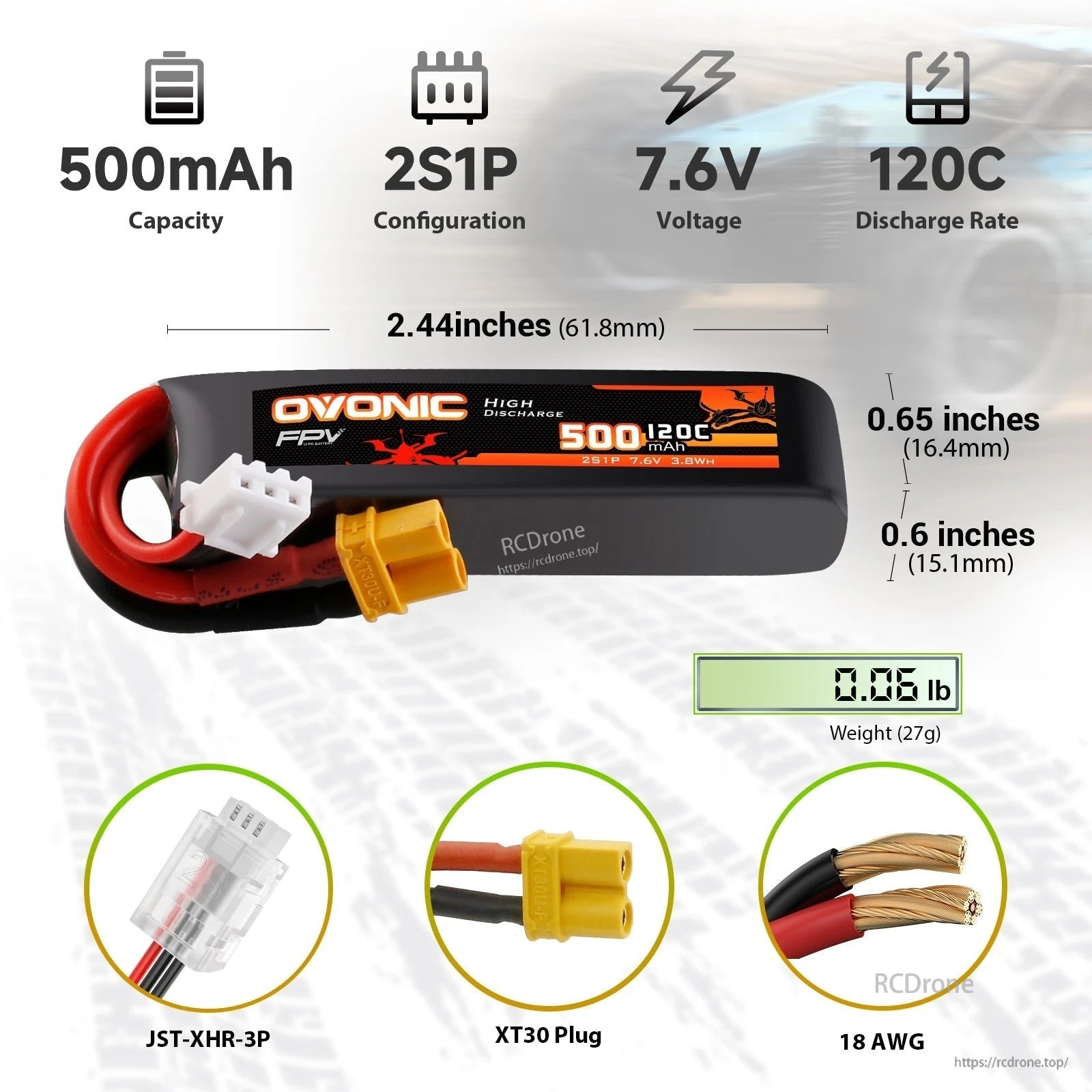 OVONIC 2-pack 2S 7.6V LiHV 500mAh 120C softcase FPV battery with XT30 and JST-XHR-3P
