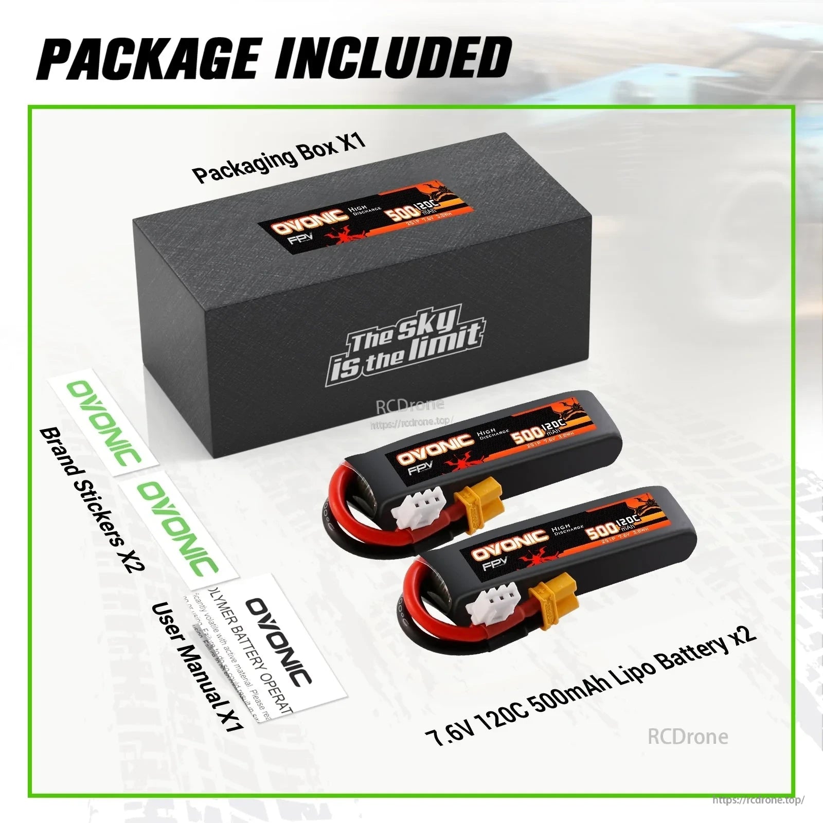 Package contents: two OVONIC 2S 7.6V 500mAh 120C LiHV batteries, box, stickers and user manual
