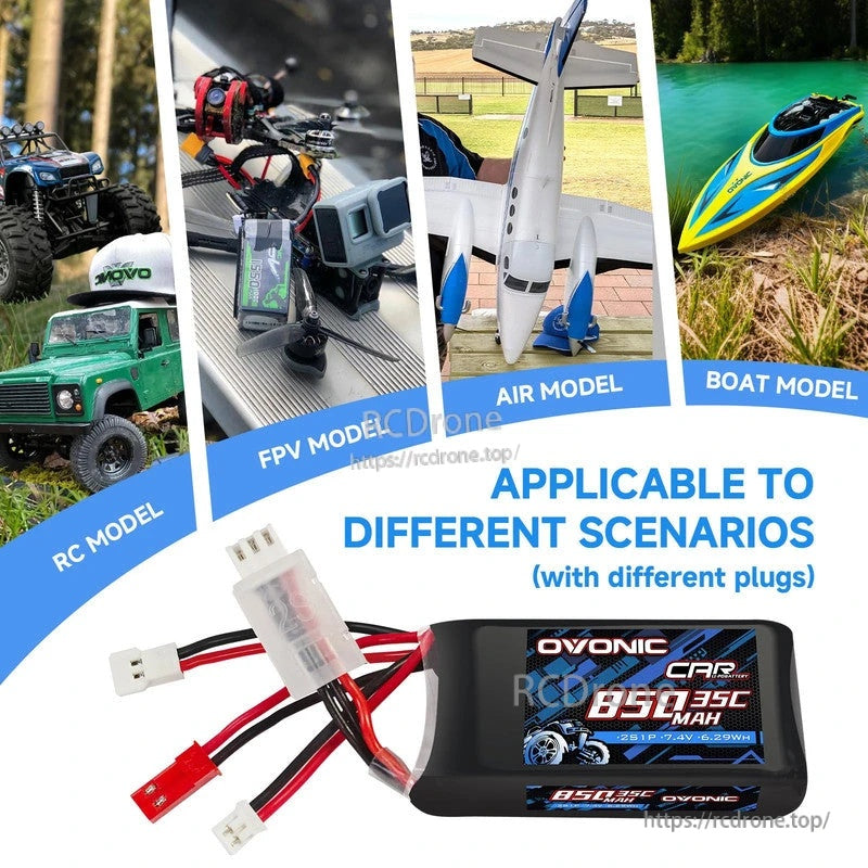 Ovonic 2S 850mAh 7.4V LiPo battery with multi-plug leads for RC car, FPV model, airplane and boat applications