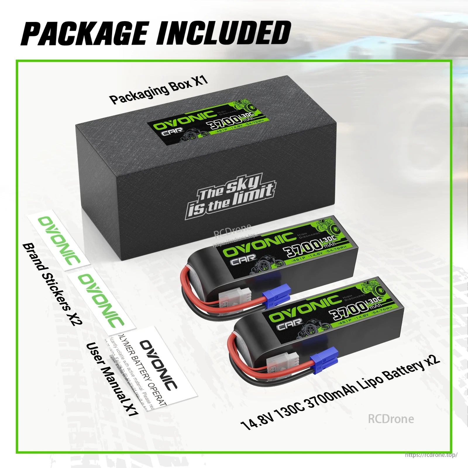 Package contents: box, 2 Ovonic 14.8V 3700mAh 130C LiPo batteries, brand stickers, user manual