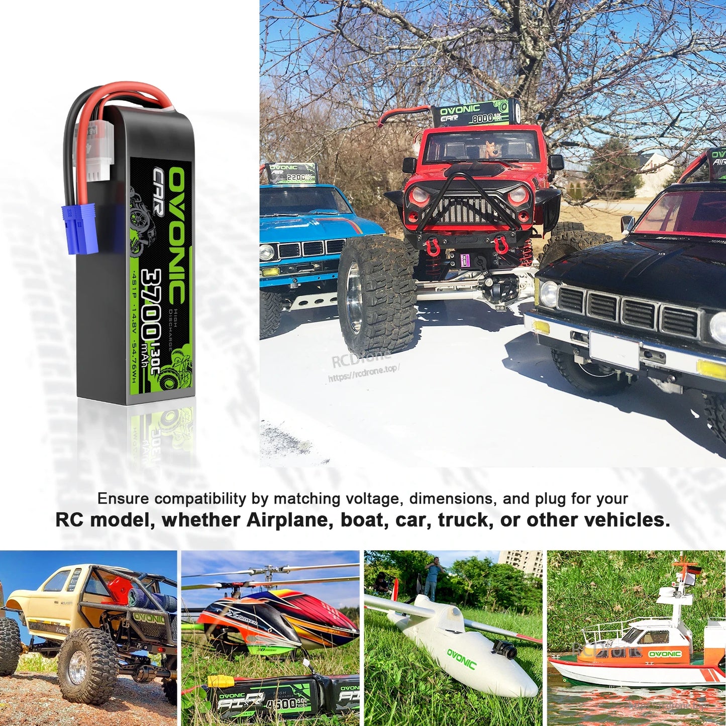 Ovonic 4S LiPo battery shown with RC car, truck, airplane, helicopter, and boat application examples