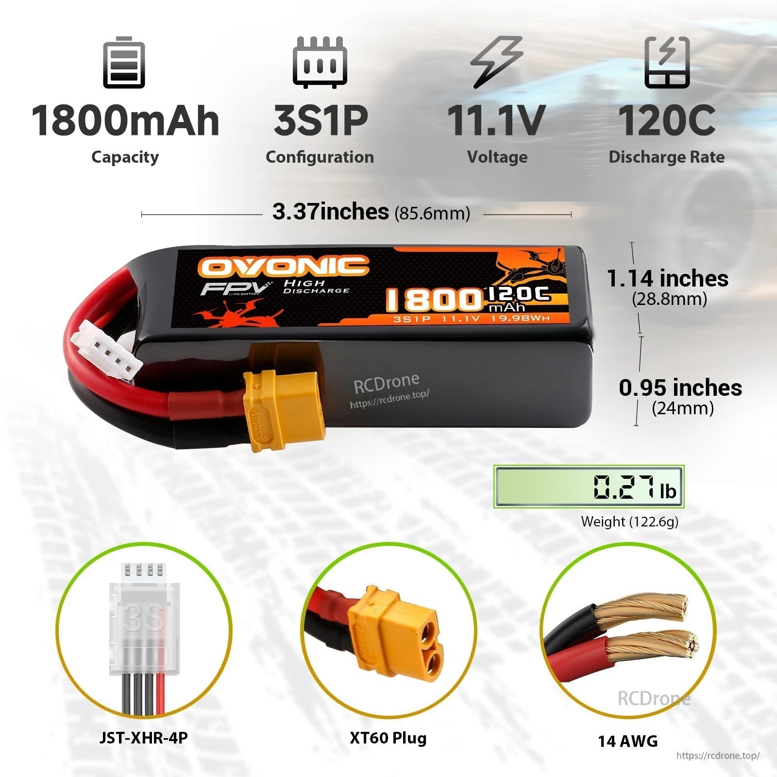 Ovonic 3S 1800mAh 11.1V 120C softcase LiPo battery with XT60, JST-XHR-4P balance plug and size chart