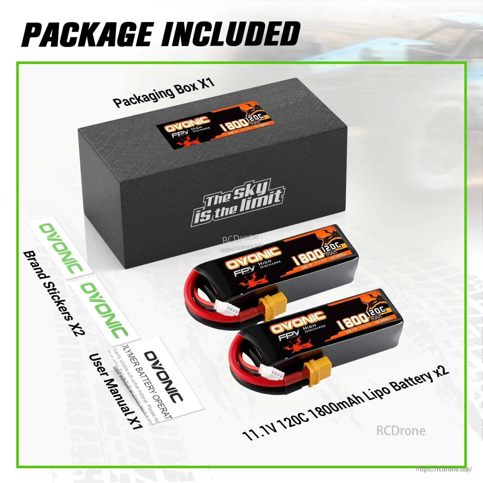 Package contents: two Ovonic 11.1V 1800mAh 120C LiPo batteries, box, brand stickers and user manual