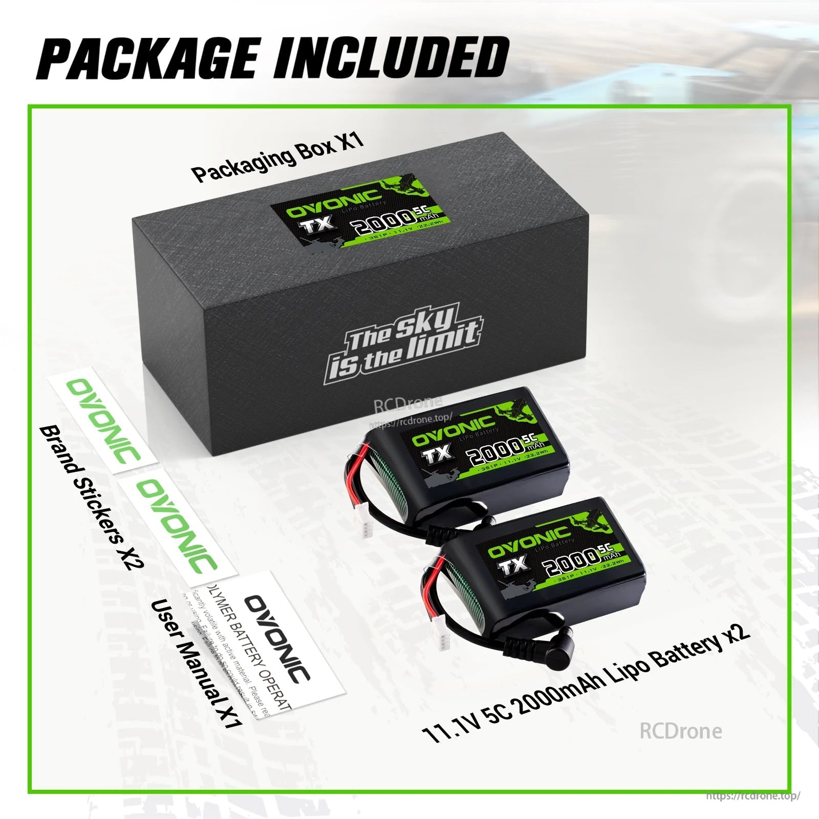 Package contents: two Ovonic 3S 2000mAh 11.1V 5C LiPo batteries, box, brand stickers and user manual