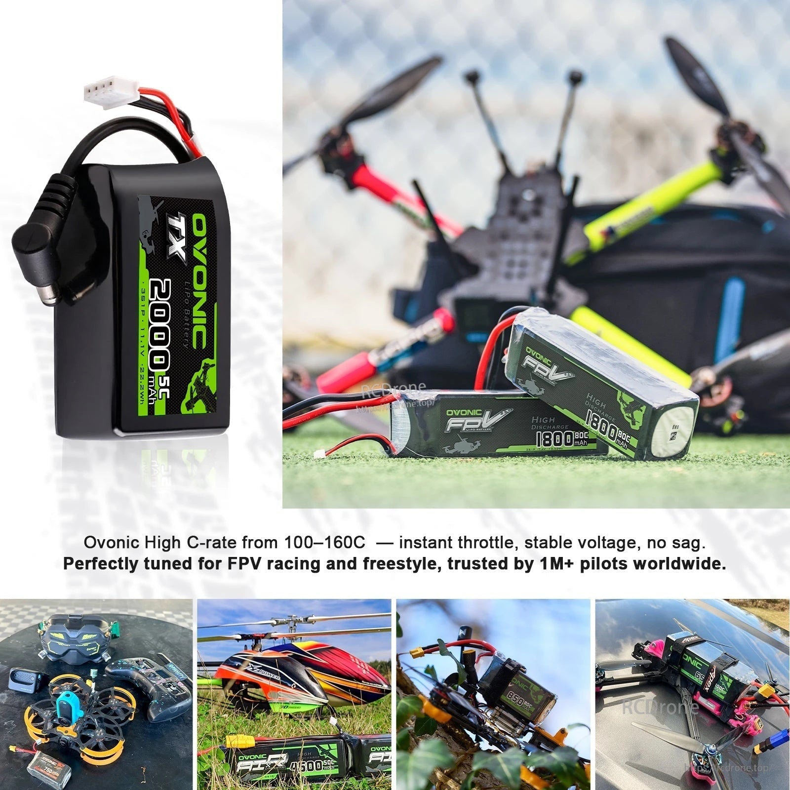 Ovonic 2000mAh LiPo battery close-up and FPV drone use collage showing real-world RC applications