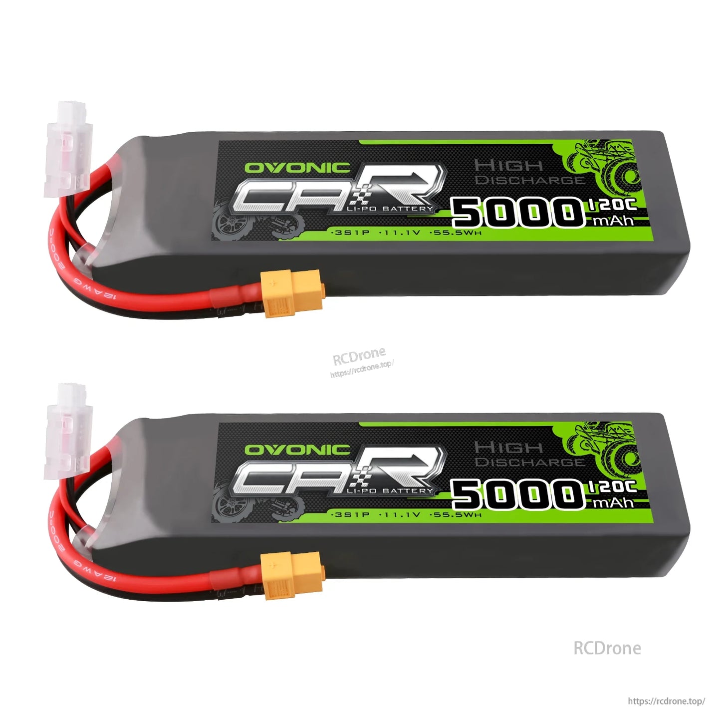 Two Ovonic 3S 5000mAh 11.1V 120C LiPo battery packs on white background, XT60 and balance plugs visible