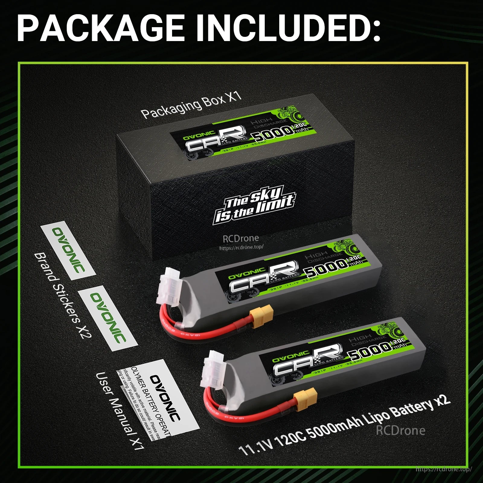 Package contents: two 11.1V 5000mAh 120C LiPo batteries, packaging box, brand stickers, and user manual