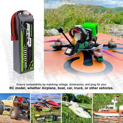 Ovonic 8000mAh 3S LiPo battery shown powering FPV drone with RC vehicle application examples