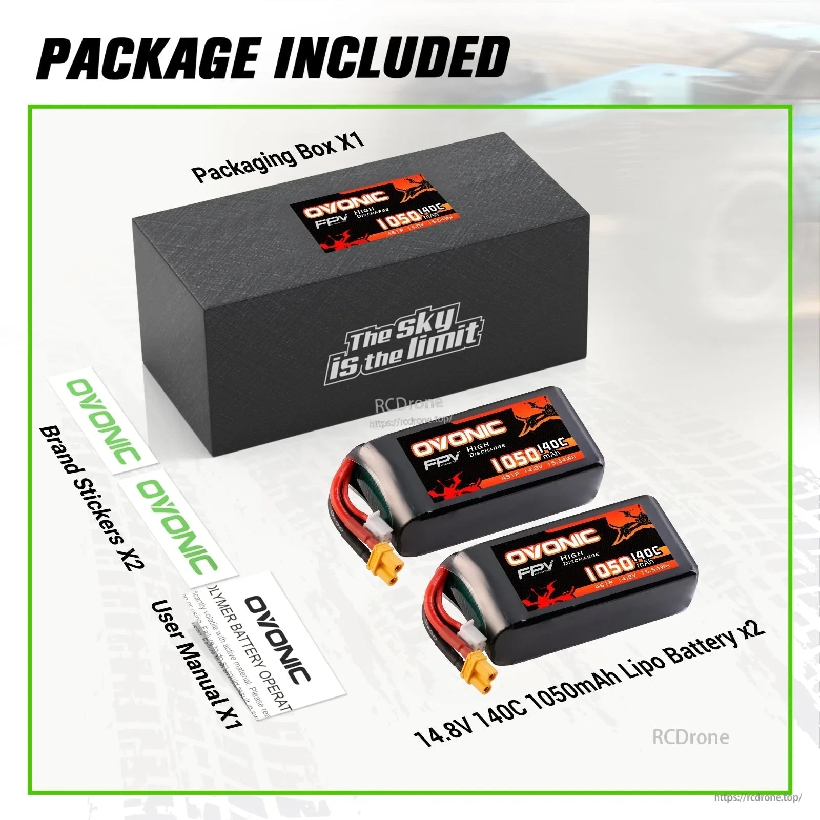 Package contents: two Ovonic 14.8V 1050mAh 140C LiPo batteries, packaging box, stickers, and user manual