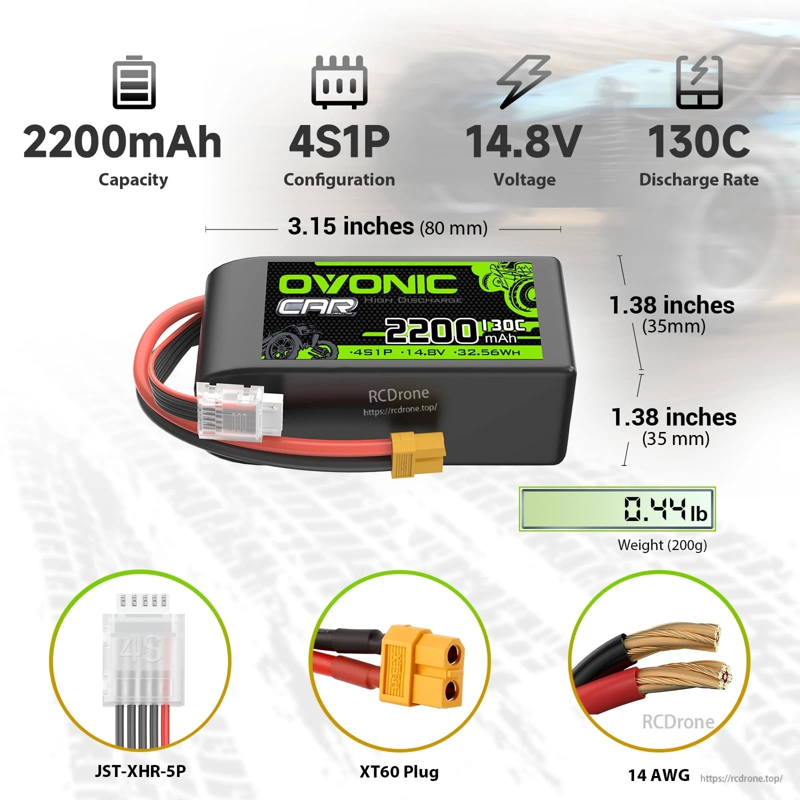 Ovonic 4S 2200mAh 14.8V 130C short LiPo battery with XT60 and JST-XHR-5P, size 80×35×35mm