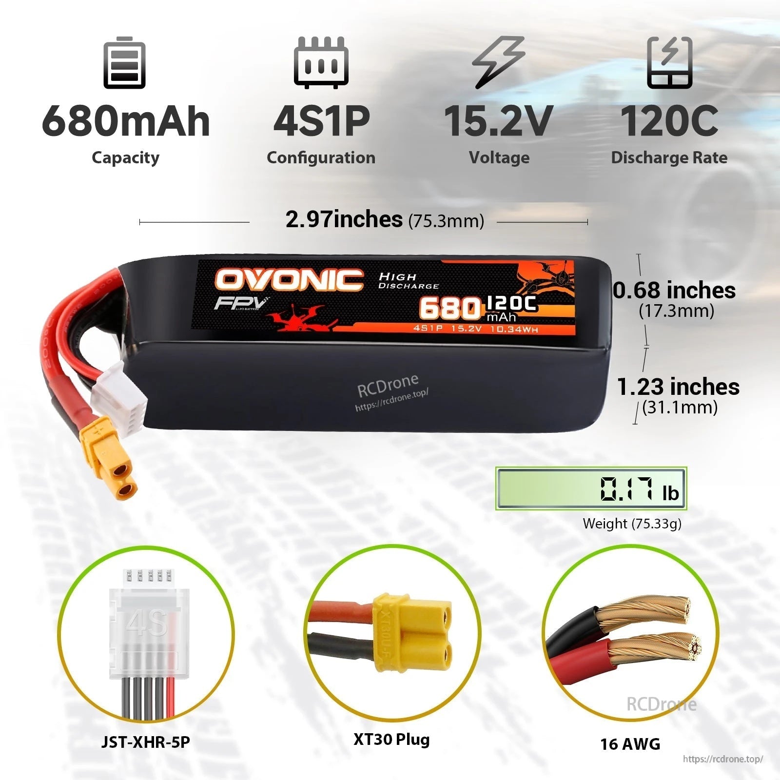 Ovonic 2-Pack 4S 680mAh 120C 15.2V LiHV battery with XT30 plug, size and connector details