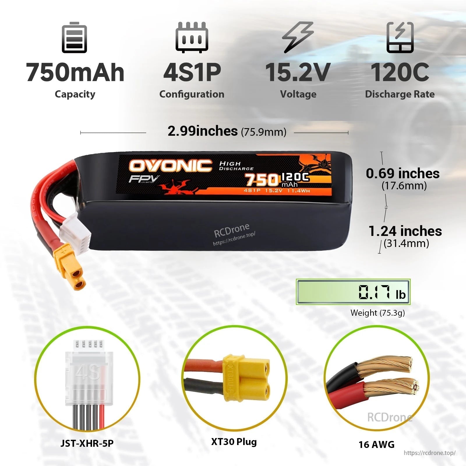 Ovonic 4S 750mAh 15.2V LiHV 120C softcase battery with XT30 and JST-XHR-5P; size and weight chart
