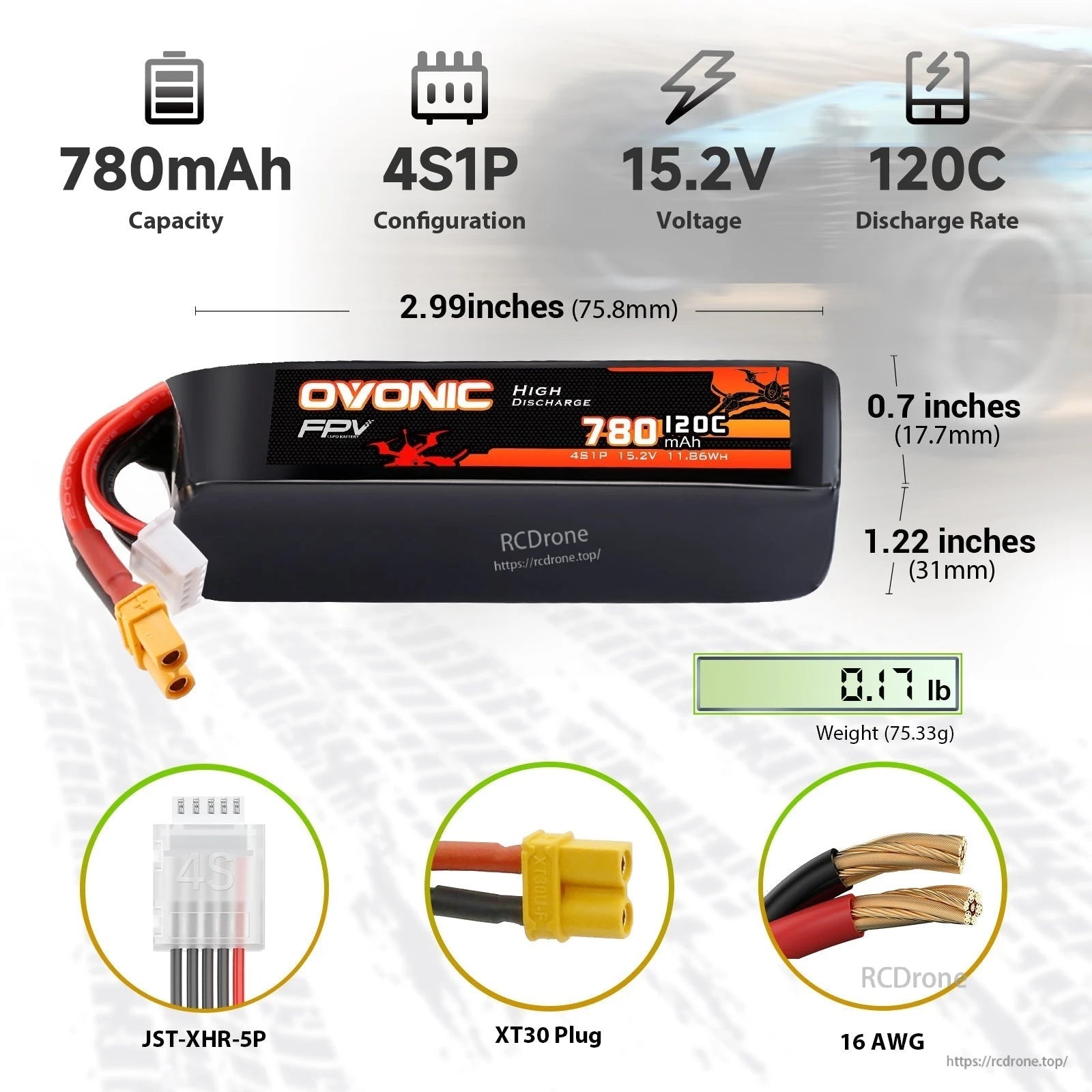 Ovonic 4S 780mAh 120C 15.2V LiHV softcase battery with XT30 plug, size and weight details