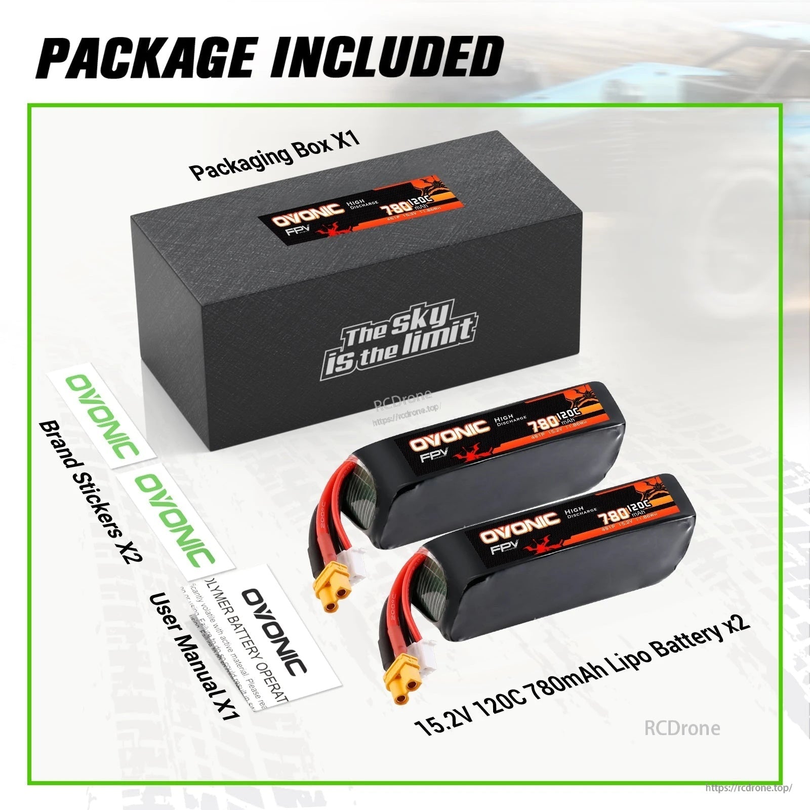 Package contents: two Ovonic 15.2V 4S 780mAh 120C LiHV batteries, box, stickers, and user manual
