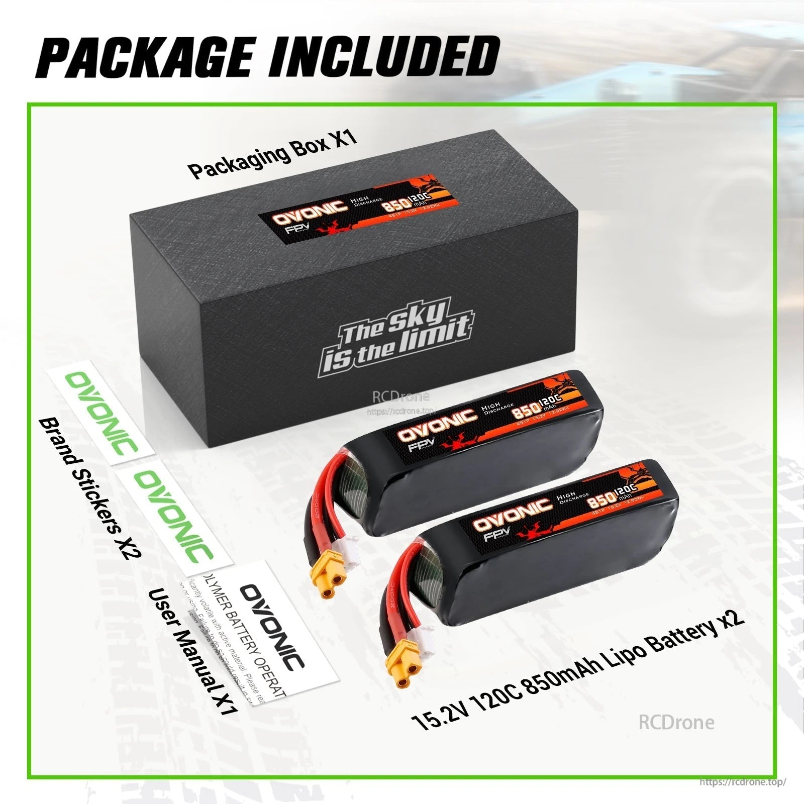 Package contents: two OVONIC 15.2V 850mAh 120C LiHV batteries with XT30 plugs, box, stickers, and manual
