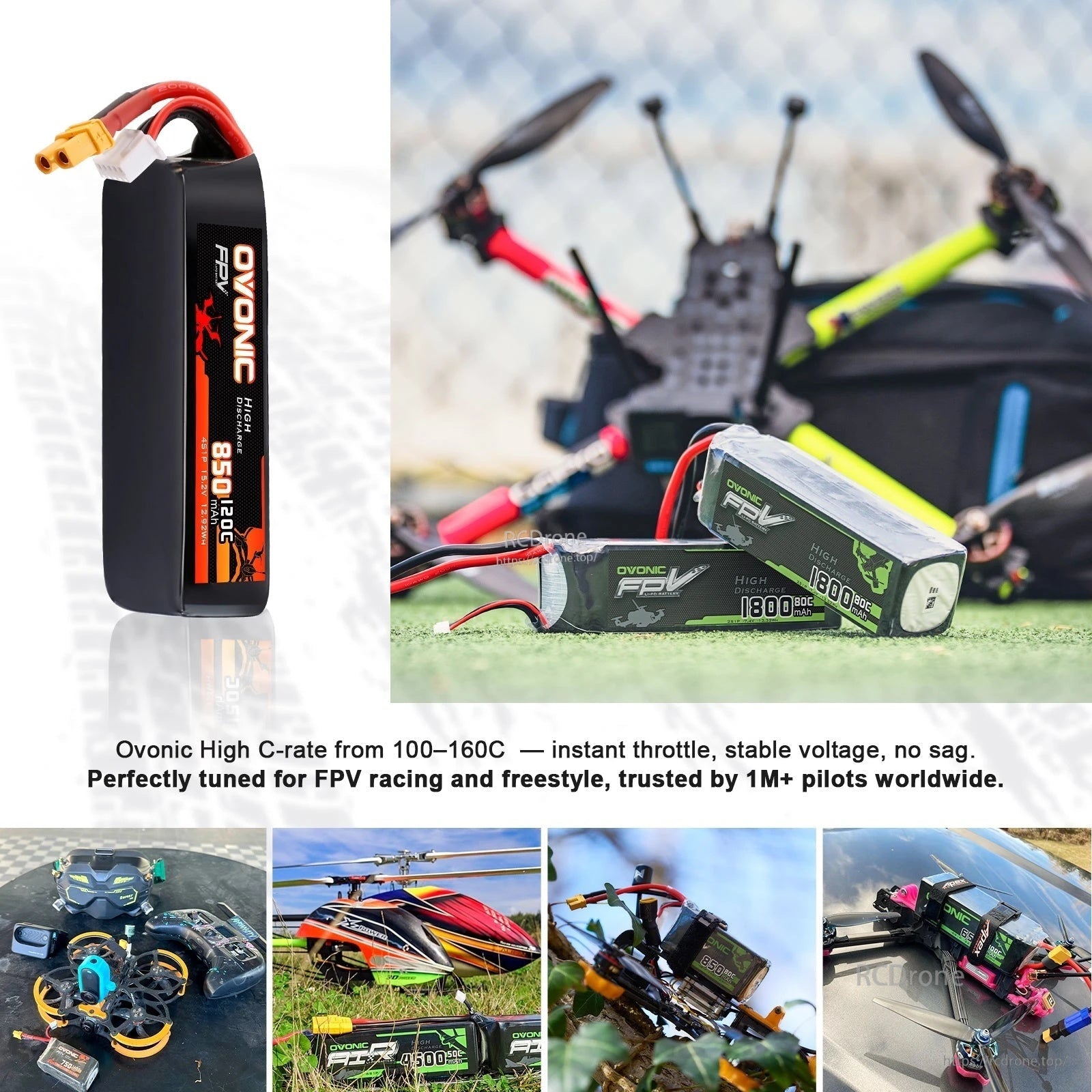 OVONIC FPV LiHV battery shown installed on a racing quadcopter, highlighting compact softcase form factor