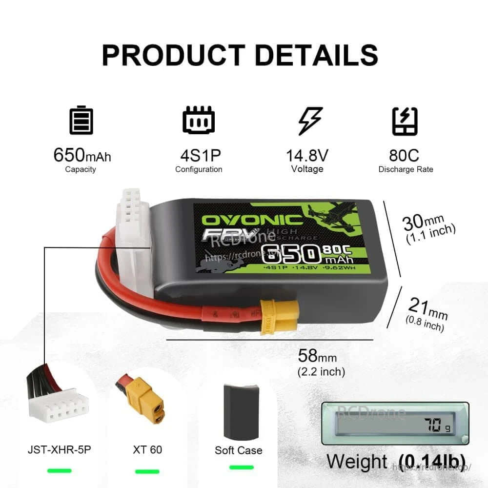 2-Pack Ovonic 650mAh 4S 14.8V 80C LiPo Battery product details with size, weight, XT60 and JST-XHR-5P