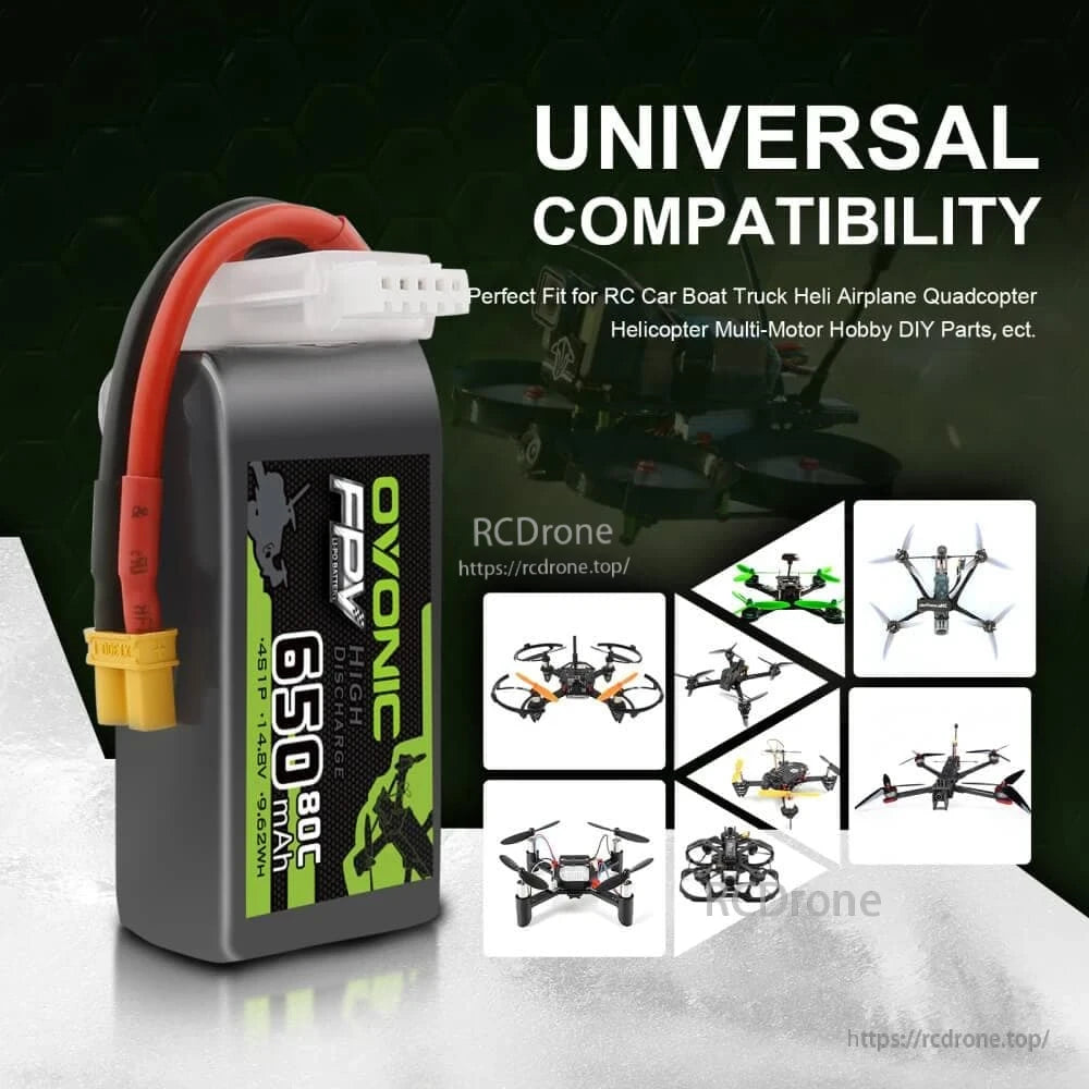 Ovonic 650mAh 4S LiPo battery shown with drone and RC aircraft icons under “universal compatibility” graphic