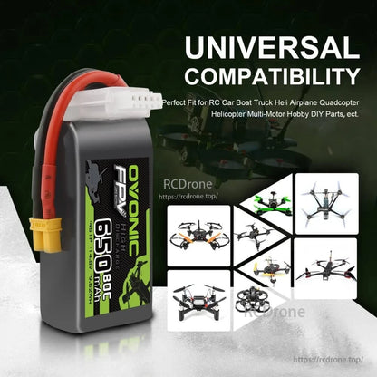 Ovonic 650mAh 4S LiPo battery shown with drone and RC aircraft icons under “universal compatibility” graphic