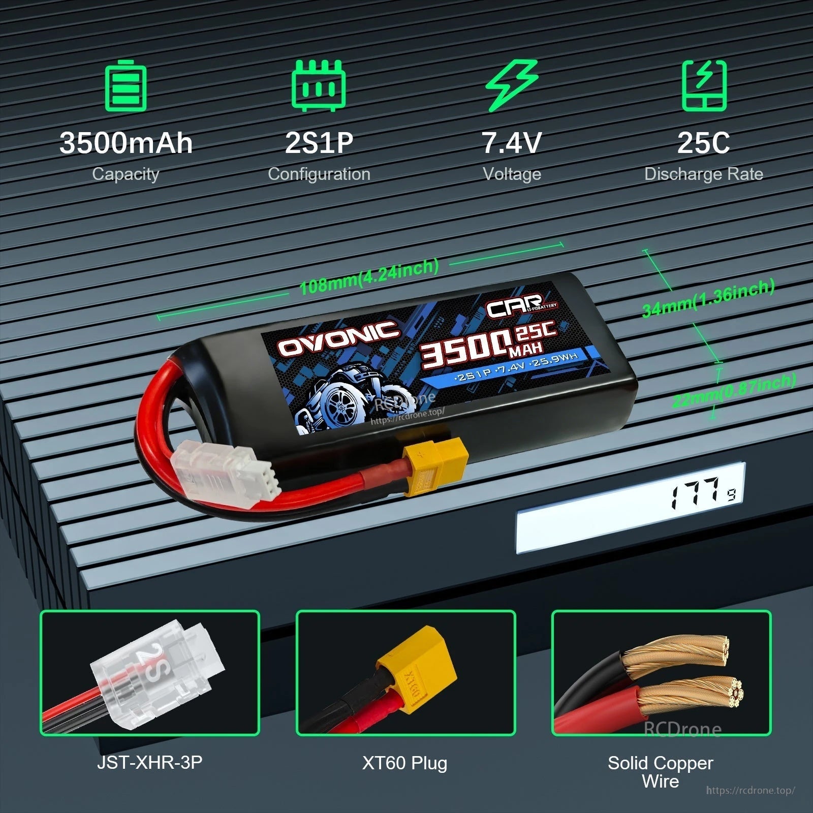 Ovonic 2-pack 7.4V 3500mAh 2S1P 25C LiPo battery with XT60 plug, JST-XHR balance lead, and size/weight callouts