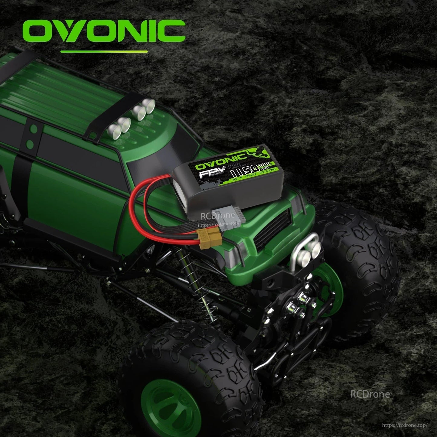 Use case image: Ovonic FPV LiPo battery mounted on a green RC truck with XT60 lead visible