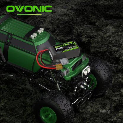 Use case image: Ovonic FPV LiPo battery mounted on a green RC truck with XT60 lead visible
