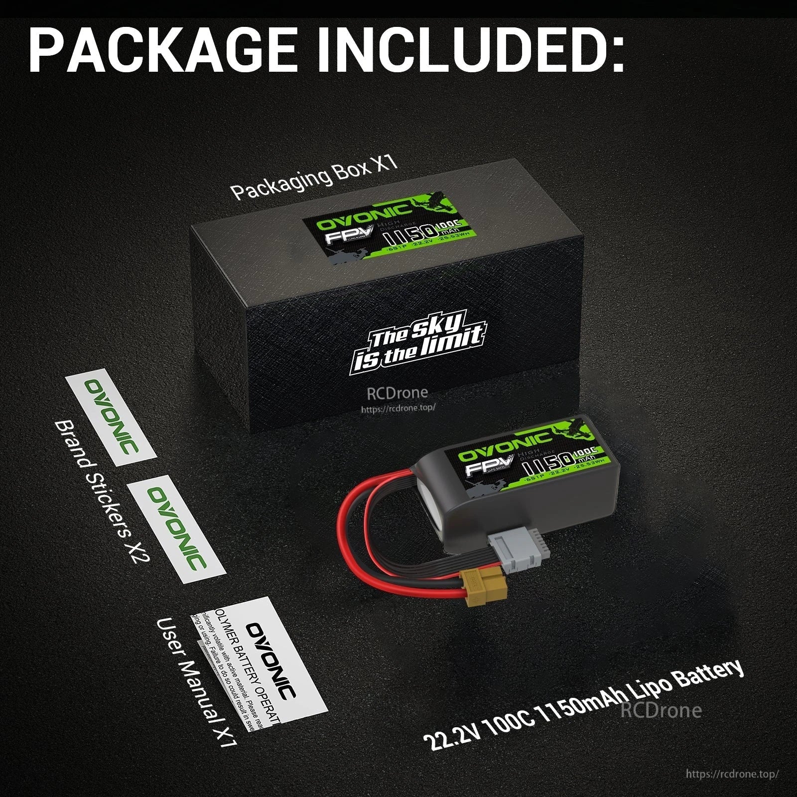 Package contents graphic with Ovonic battery, packaging box, user manual, and brand stickers shown