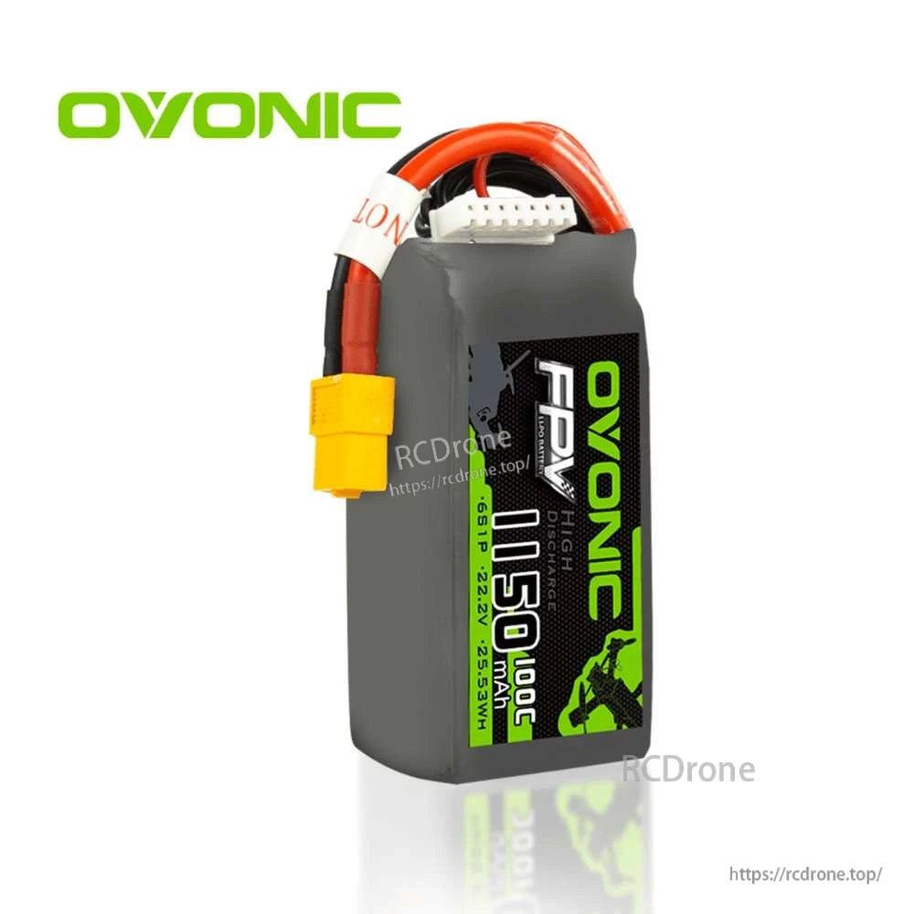 Ovonic FPV 1150mAh 6S LiPo battery upright view showing XT60 power lead and white JST-XH balance plug