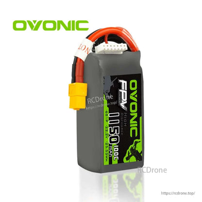 Ovonic FPV 1150mAh 6S LiPo battery upright view showing XT60 power lead and white JST-XH balance plug