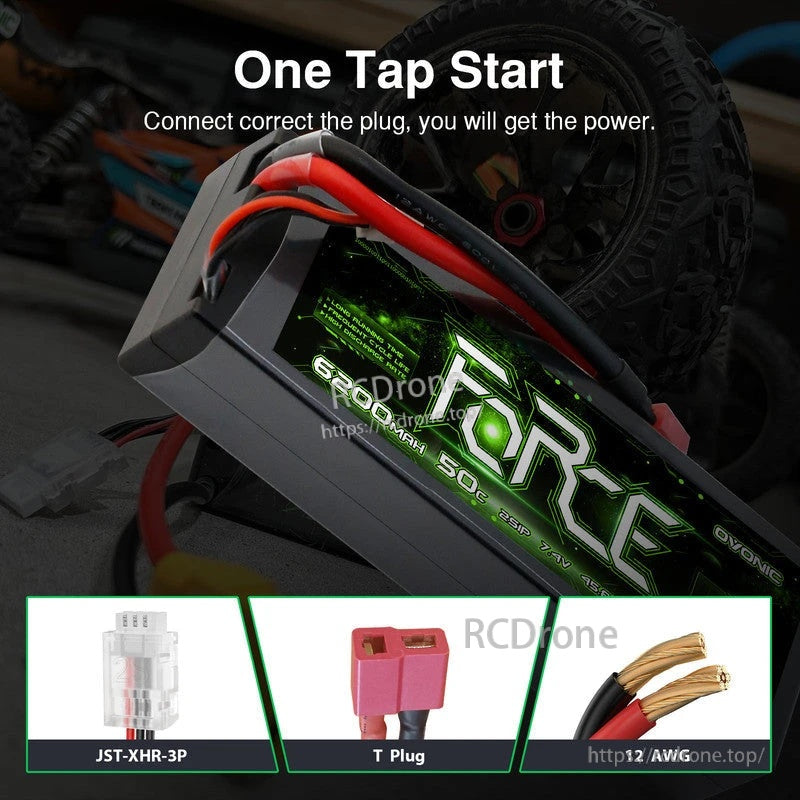 Connector details for Ovonic Force 2S hardcase LiPo: JST-XHR-3P balance lead, Deans (T) plug, and 12 AWG wire