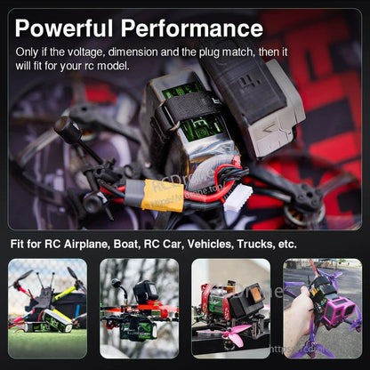 Battery strapped on FPV drone frame showing installed fitment; compatible with RC models when plug matches