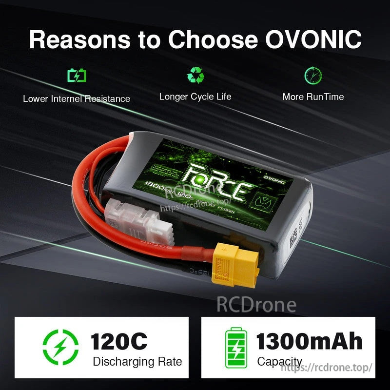 Ovonic Force 3S 1300mAh 11.1V 120C LiPo battery close-up with XT60 connector and balance lead