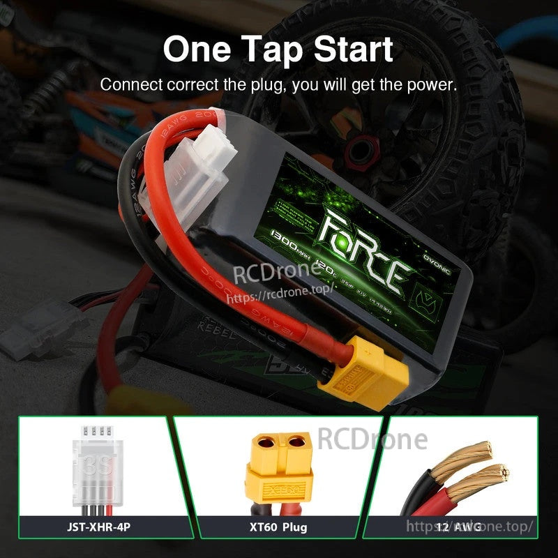 Connector details for Ovonic Force 3S 1300mAh LiPo: XT60 discharge plug, JST-XH (4-pin) balance lead, 12AWG wire