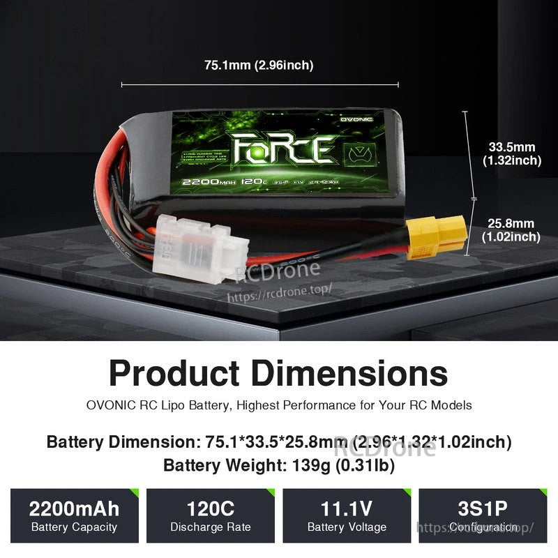 Ovonic Force 3S 2200mAh 120C 11.1V short LiPo battery dimensions 75.1×33.5×25.8mm with XT60 plug