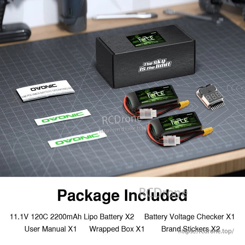What’s included: 2 Ovonic Force 3S 2200mAh LiPo batteries, voltage checker/buzzer, manual, stickers, and box