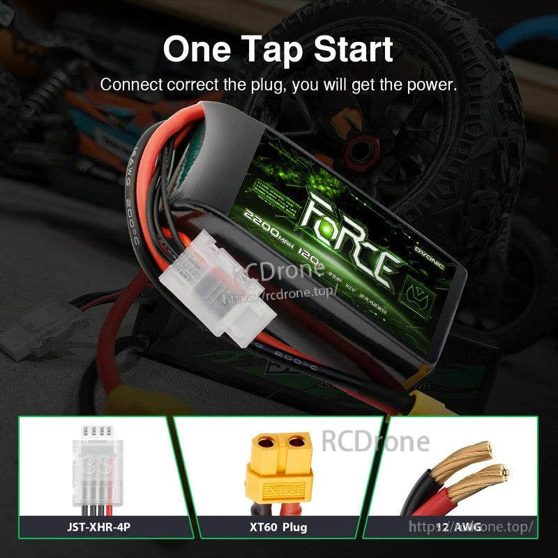 XT60 main connector and JST-XHR-4P balance lead on Ovonic Force 3S 2200mAh short LiPo battery