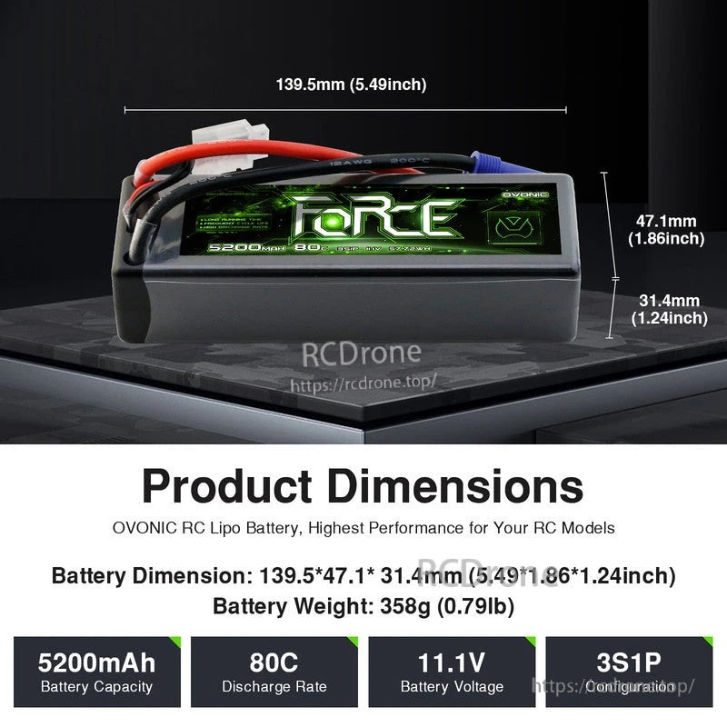 Ovonic Force 3S hardcase LiPo battery dimensions: 139.5 x 47.1 x 31.4mm, 358g, 11.1V 5200mAh 80C
