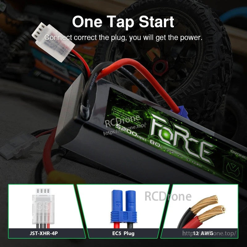 Connector detail for Ovonic Force 3S hardcase LiPo battery with EC5 plug and JST-XHR-4P balance lead