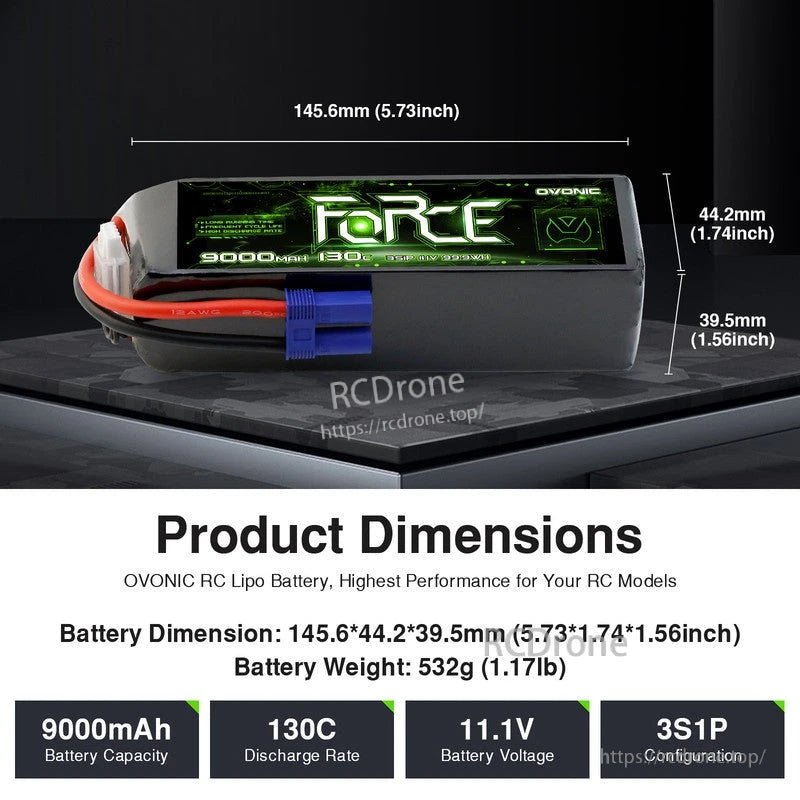 Ovonic Force 3S 9000mAh 11.1V softcase LiPo battery dimensions and weight (145.6×44.2×39.5mm, 532g)