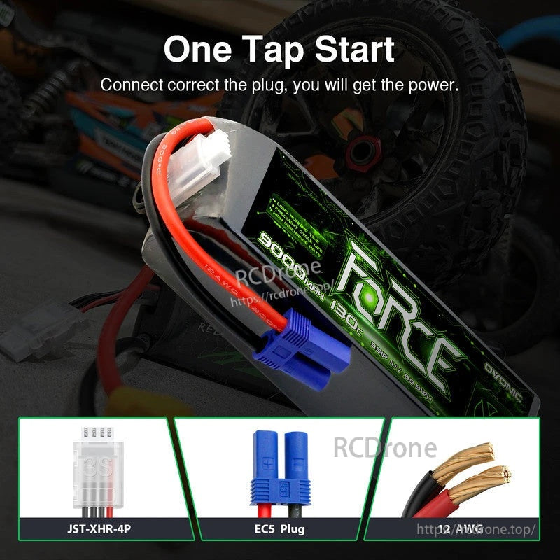 EC5 discharge connector, JST-XHR-4P balance plug, and 12AWG leads on Ovonic Force 3S 9000mAh LiPo
