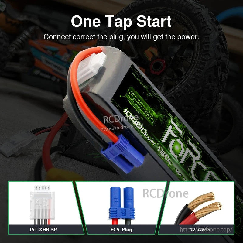 EC5 discharge connector and JST-XHR-5P balance plug on Ovonic Force 4S 10000mAh LiPo battery with 12AWG leads