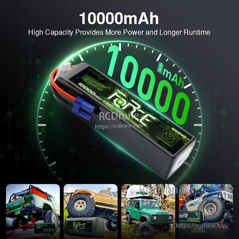 10000mAh capacity highlight on Ovonic Force 4S LiPo battery for extended runtime in RC vehicles