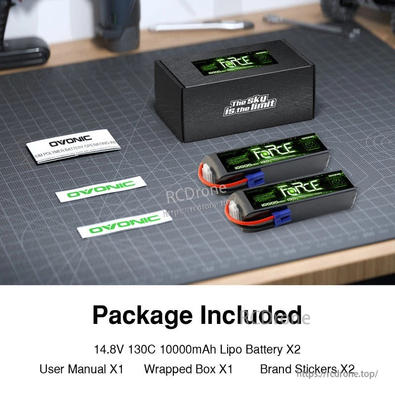 Package contents: two Ovonic Force 4S 10000mAh LiPo batteries, wrapped box, user manual, and brand stickers