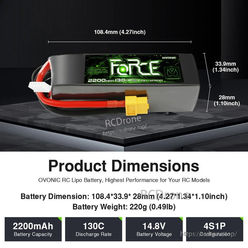 Ovonic Force 2-pack 4S 2200mAh 130C 14.8V LiPo battery size 108.4×33.9×28mm with XT60
