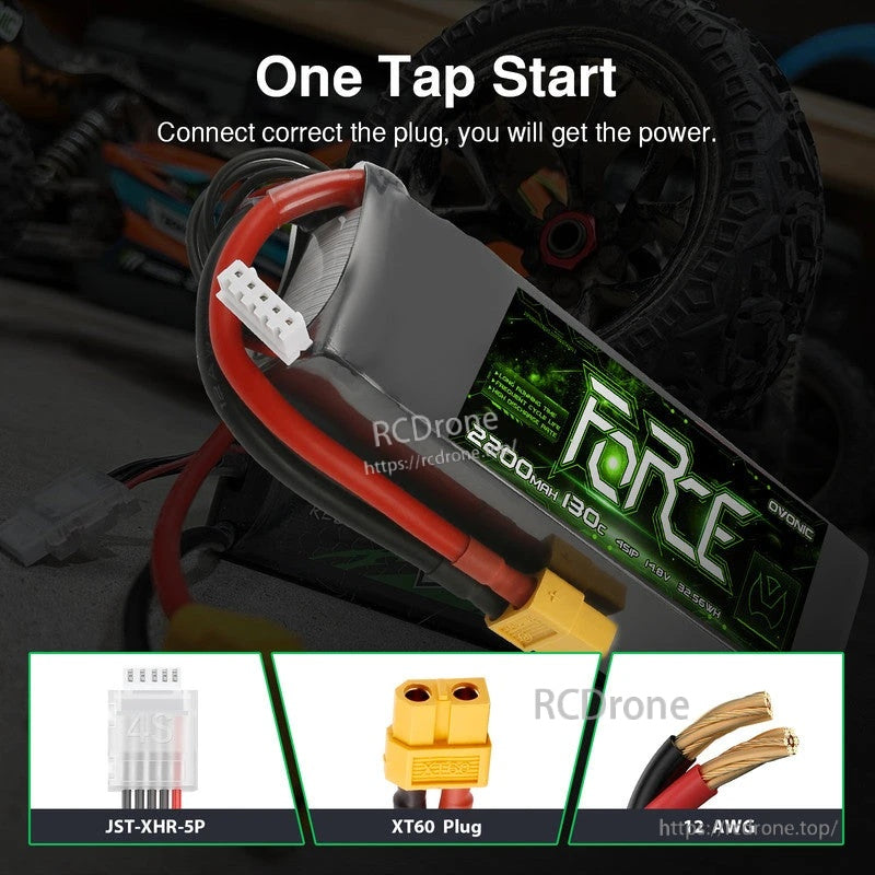 Connector detail: XT60 main plug, JST-XHR-5P balance lead, and 12AWG wires on Ovonic Force 4S LiPo