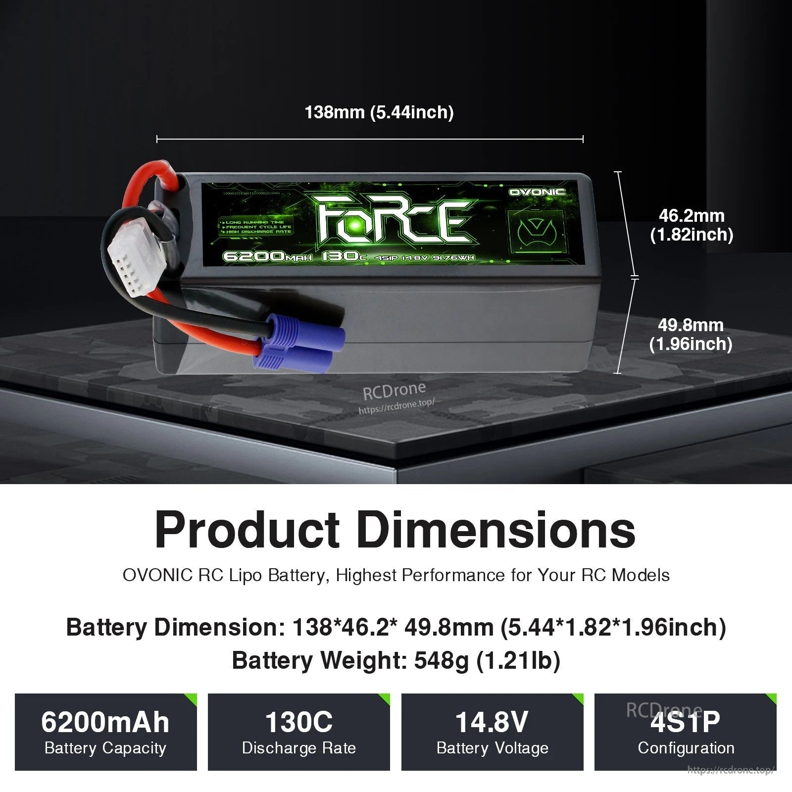 Ovonic Force 4S 6200mAh 130C 14.8V hardcase LiPo battery with dimensions 138×46.2×49.8mm