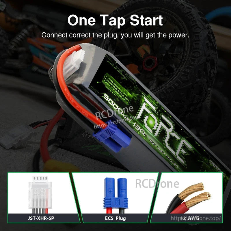 EC5 plug and JST-XHR-5P balance lead shown on Ovonic Force battery, “One Tap Start” graphic