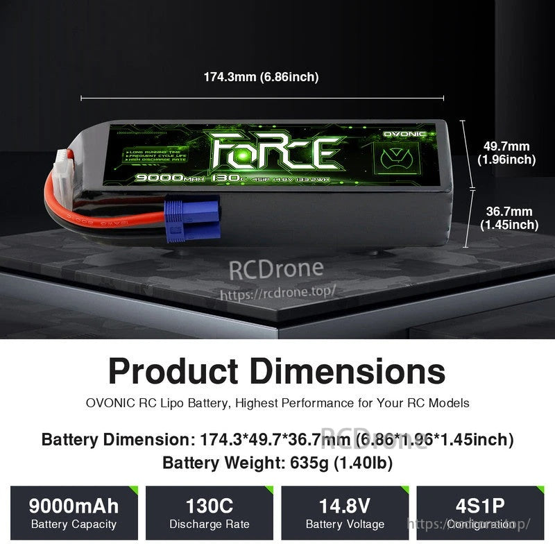 Ovonic Force 4S LiPo battery dimensions graphic: 174.3 x 49.7 x 36.7 mm and 635 g weight